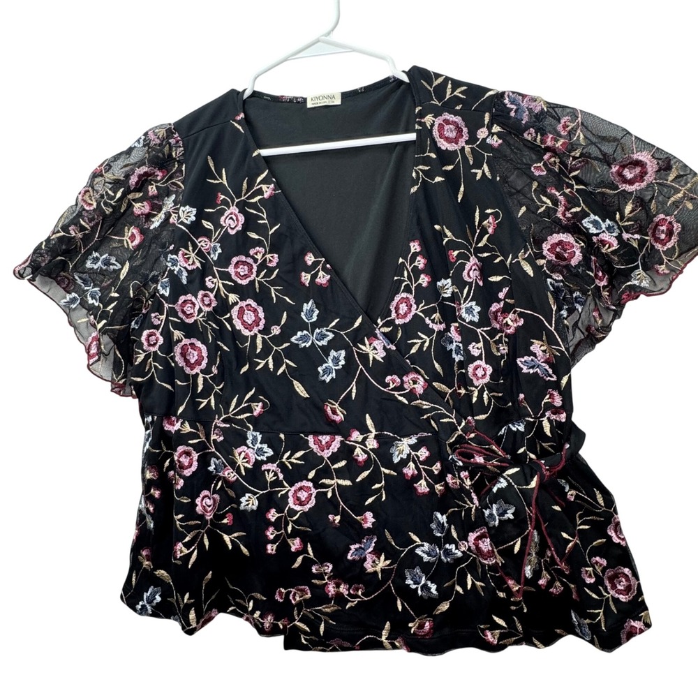 Kiyonna Wrap Top Womens 3X Black Floral Embroidered Mesh Flutter Sleeve Boho